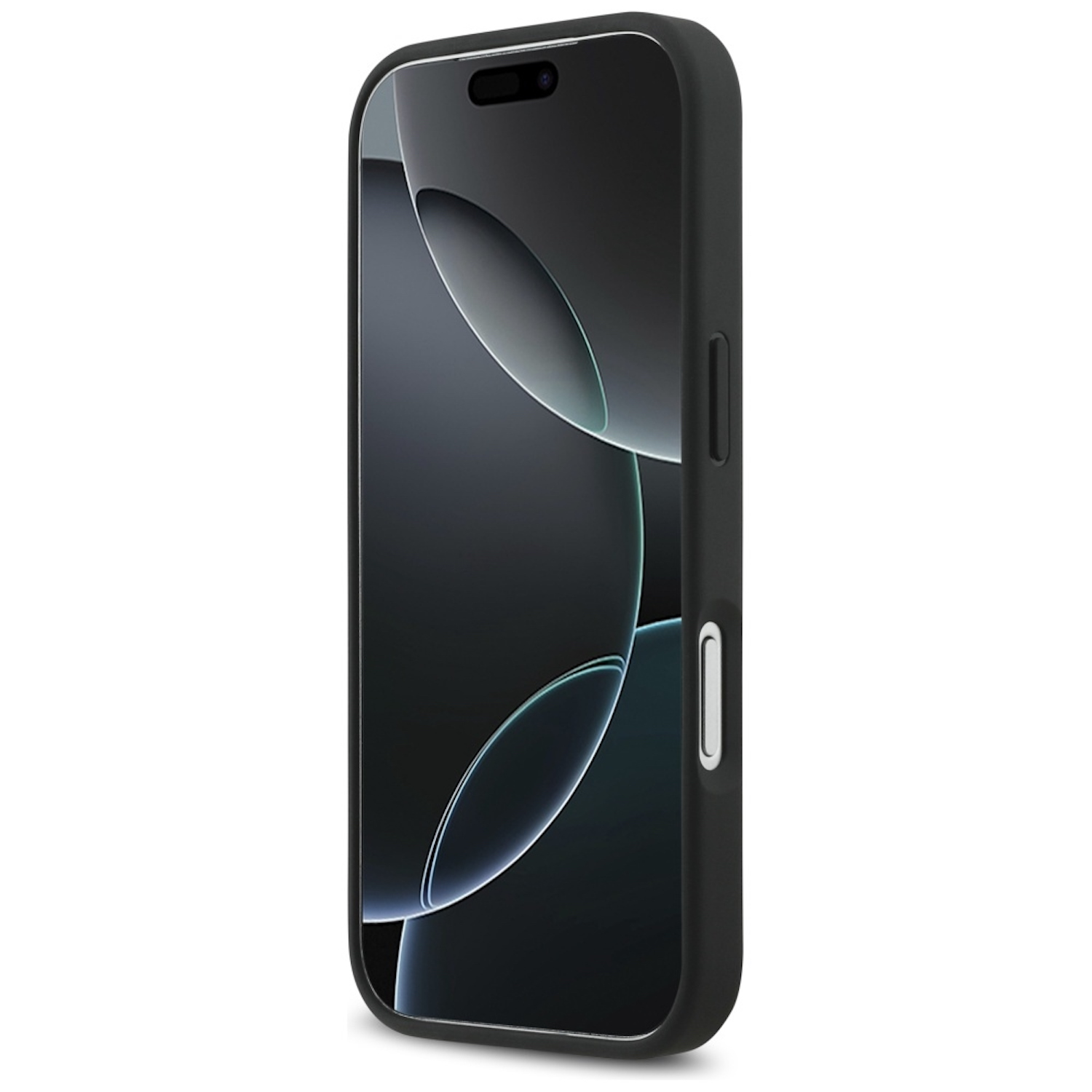 Uno smartphone nero con schermo con design ondulato, racchiuso in una custodia protettiva nera, isolato su sfondo bianco.