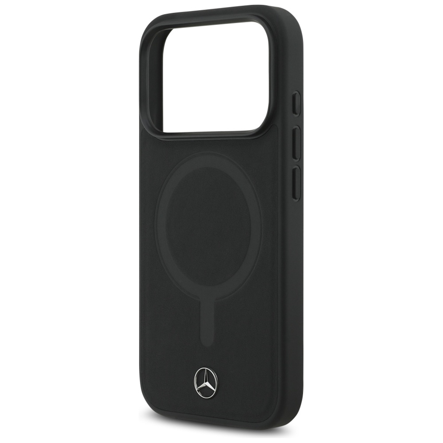 Custodia nera per telefono con ritaglio per fotocamera, elemento circolare e logo Mercedes-Benz in basso.