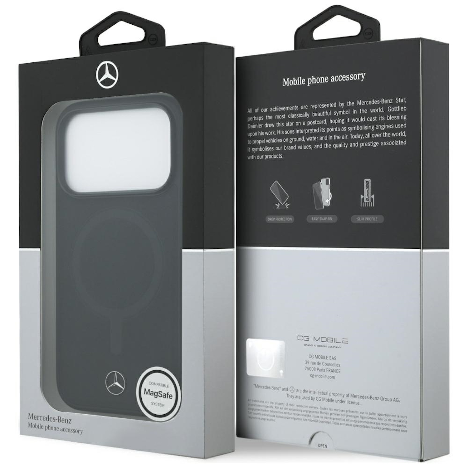 Una scatola nera di accessori per telefoni Mercedes-Benz. Ha una finestra trasparente che mostra la custodia del telefono.