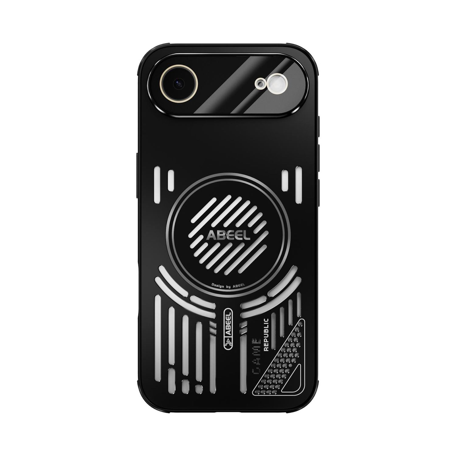 Funda de teléfono negra con detalles blancos. Presenta la marca ABEEL, una cámara y las palabras GAME REPUBLIC.