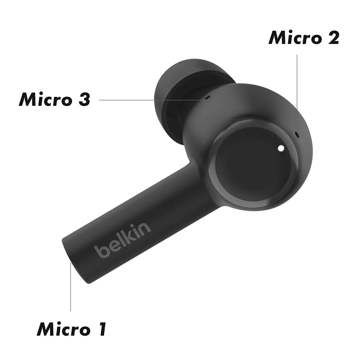 Ein schwarzer Belkin-Ohrhörer ist abgebildet. Der Ohrhörer hat drei beschriftete Teile: Micro 1, Micro 2 und Micro 3. Das Belkin-Logo ist sichtbar.