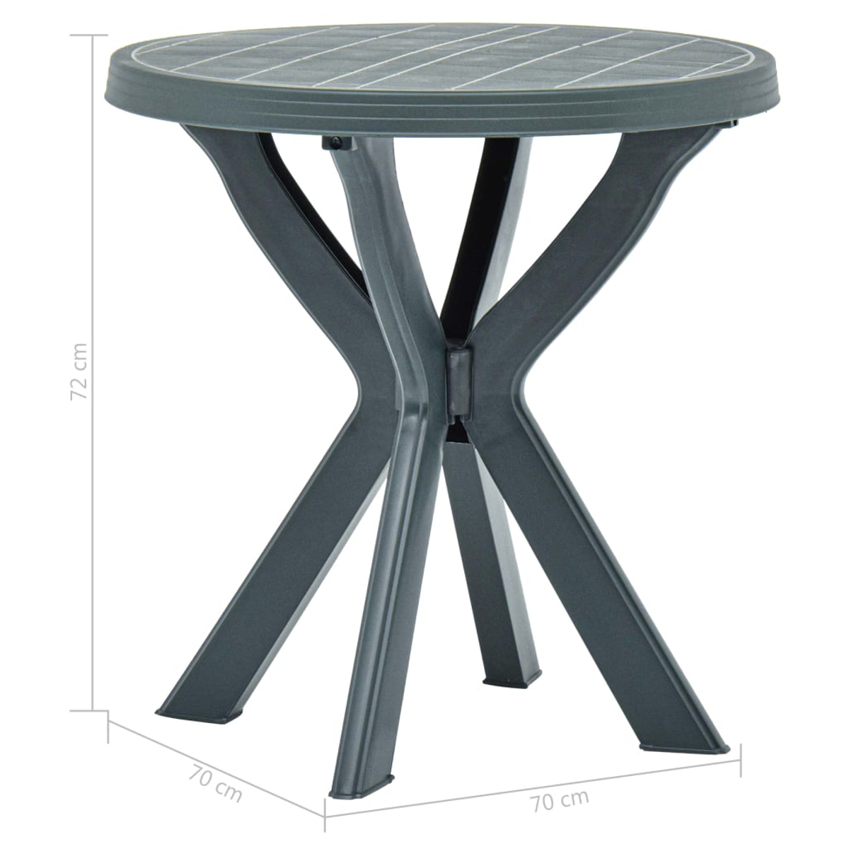 Ein dunkelgrauer runder Kunststofftisch mit einem Gittermuster auf der Oberseite. Die Beine bilden ein X.
