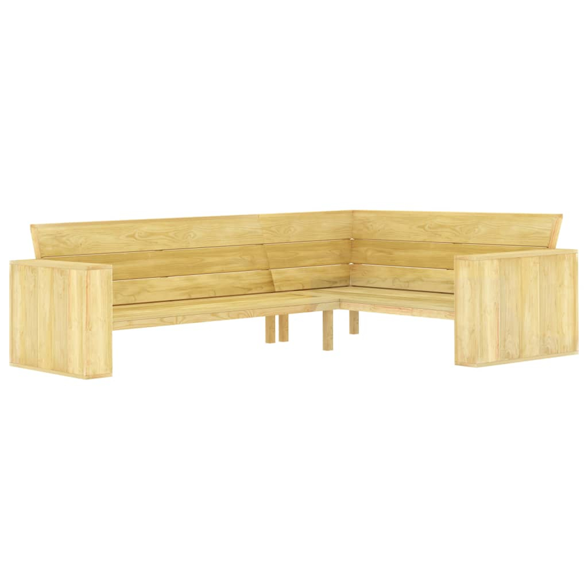 Ein Ecksofa aus Holz, hellbraun, vor weißem Hintergrund. Es besteht aus Holzplanken und hat zwei Armlehnen.