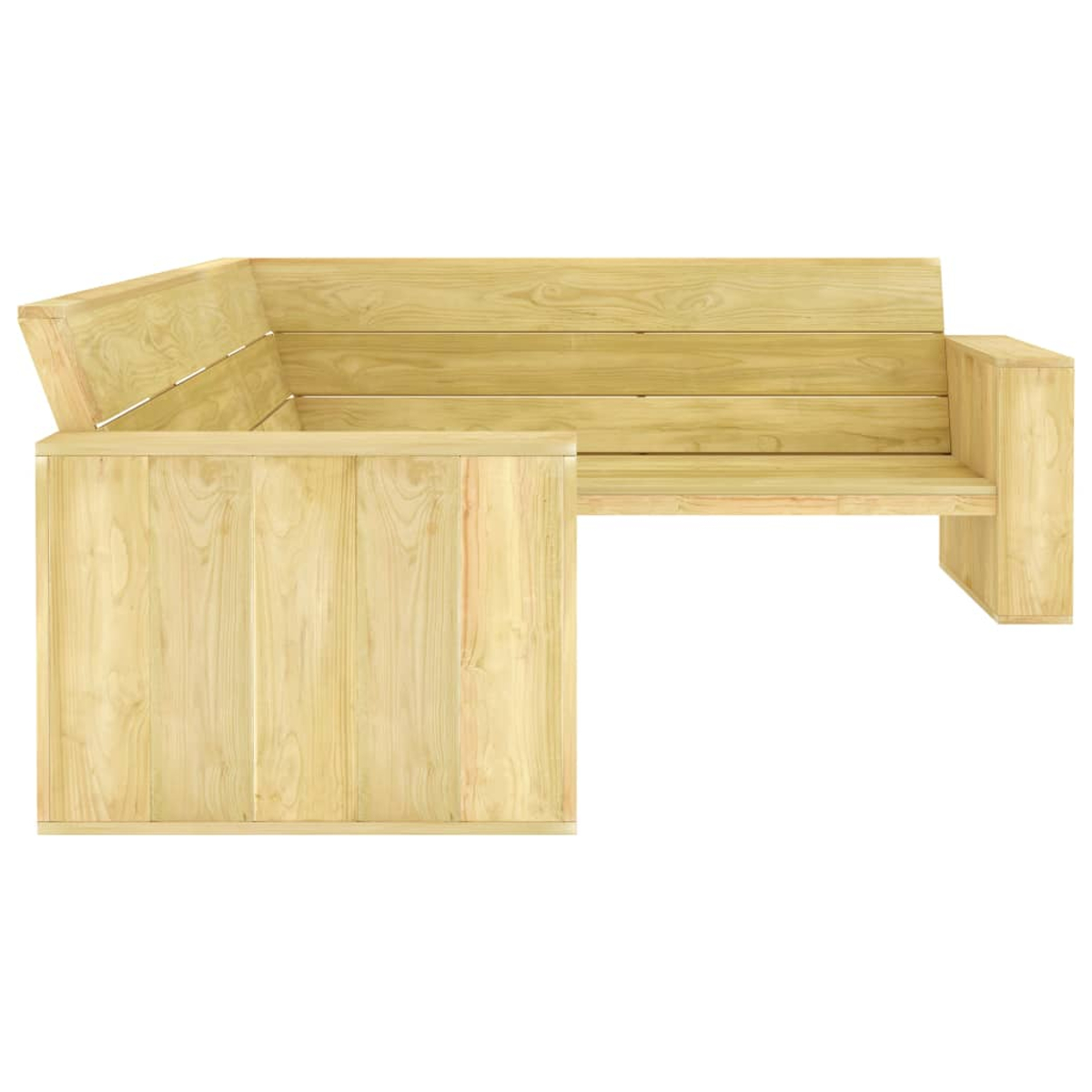Eine L-förmige Holzbank im Freien aus hellfarbenem Holz. Die Bank hat eine Rückenlehne und Armlehnen und befindet sich vor einem weißen Hintergrund.