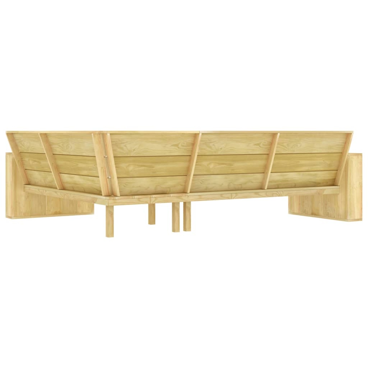 Eine Holzbank von hinten gesehen. Sie hat eine Lattenlehne und Armlehnen. Die Bank ist hellbraun und steht auf kurzen Beinen.