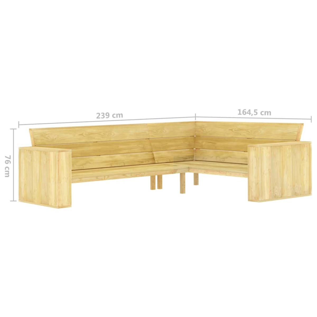 Eine L-förmige Gartenbank aus Holz mit Maßangaben. Die Bank ist hellbraun, und die Maße sind auf dem Bild angegeben.
