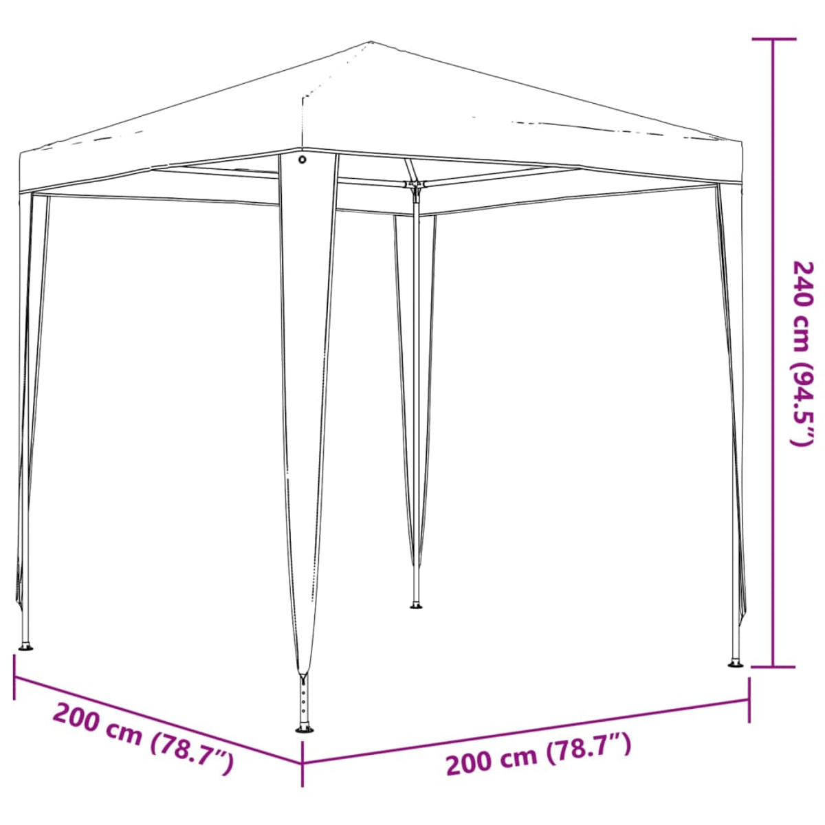 Umriss eines Pavillons mit Maßangaben: 200 cm x 200 cm Grundfläche, 240 cm Höhe. Die Struktur ist quadratisch mit spitzem Dach.