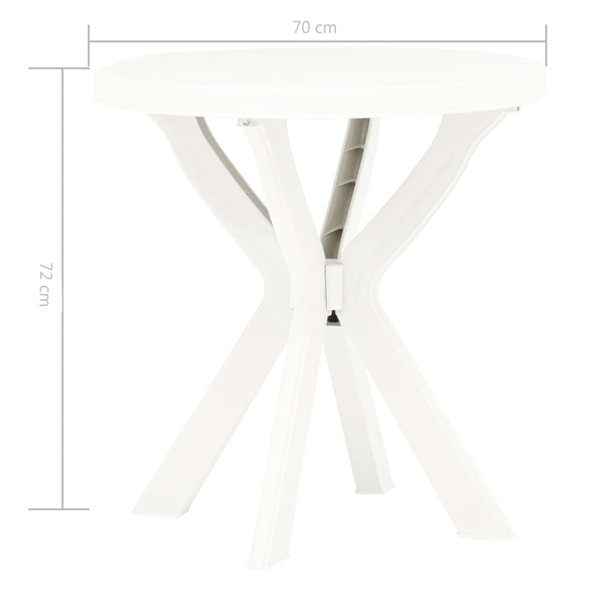 Ein weißer runder Plastiktisch. Abmessungen: 70 cm breit, 72 cm hoch. Die Beine sind X-förmig.