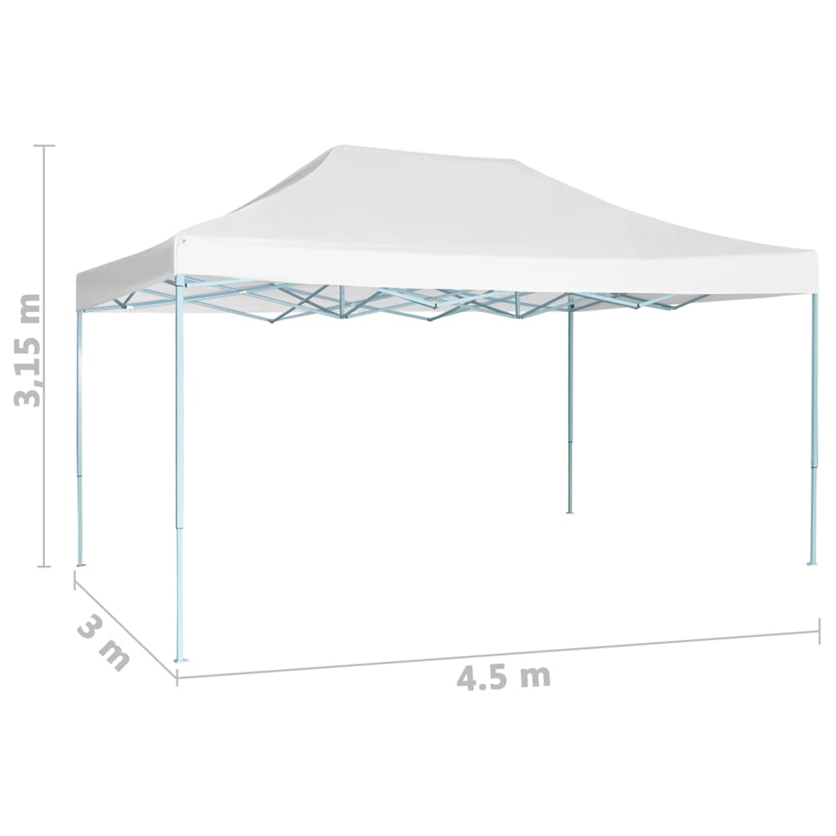 Ein weißes Pop-up-Zelt mit blauem Metallrahmen. Die Abmessungen sind 3 m, 4,5 m und 3,15 m. Der Hintergrund ist schlicht weiß.