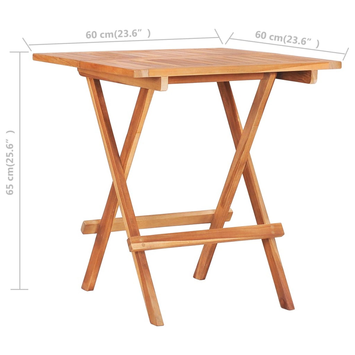 Holzklapptisch. Er ist braun und hat eine quadratische Platte. Die Beine sind gekreuzt.