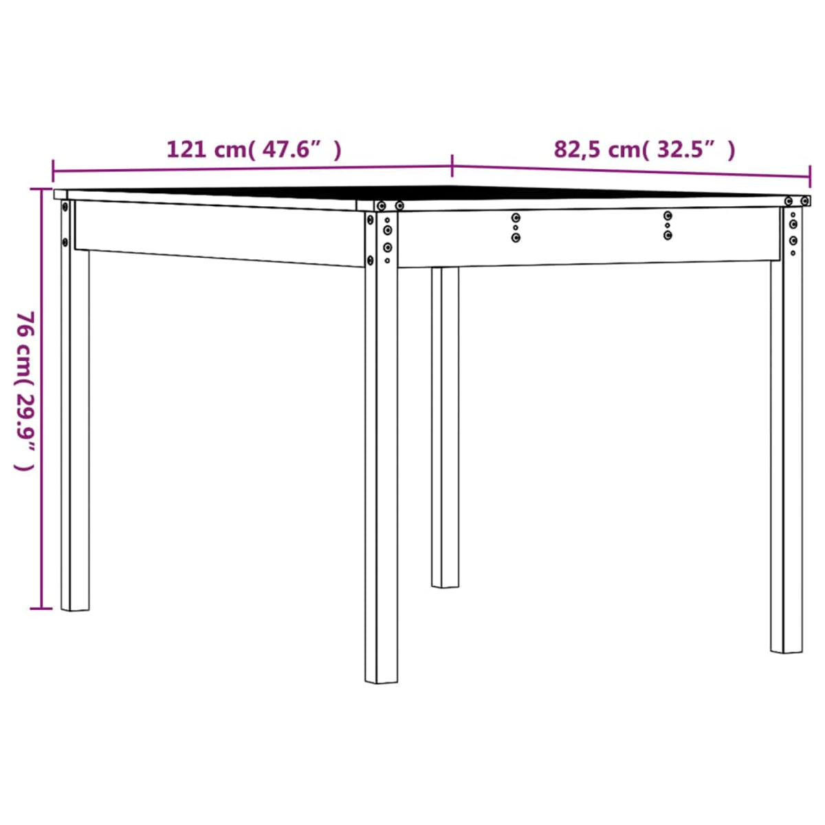 Ein weißer Tisch wird von vorne gezeigt. Abmessungen sind beschriftet: 121 cm (47,6 Zoll), 76 cm (29,9 Zoll) und 82,5 cm (32,5 Zoll).