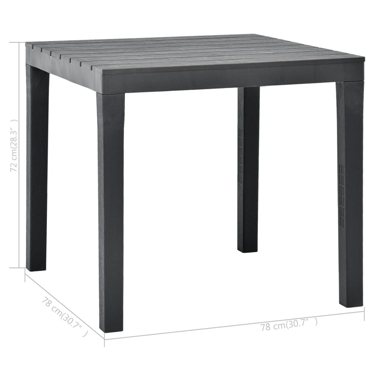 Ein quadratischer, dunkelgrauer Tisch mit vier Beinen. Die Tischplatte hat horizontale Lamellen. Maße sind in cm und Zoll angegeben.