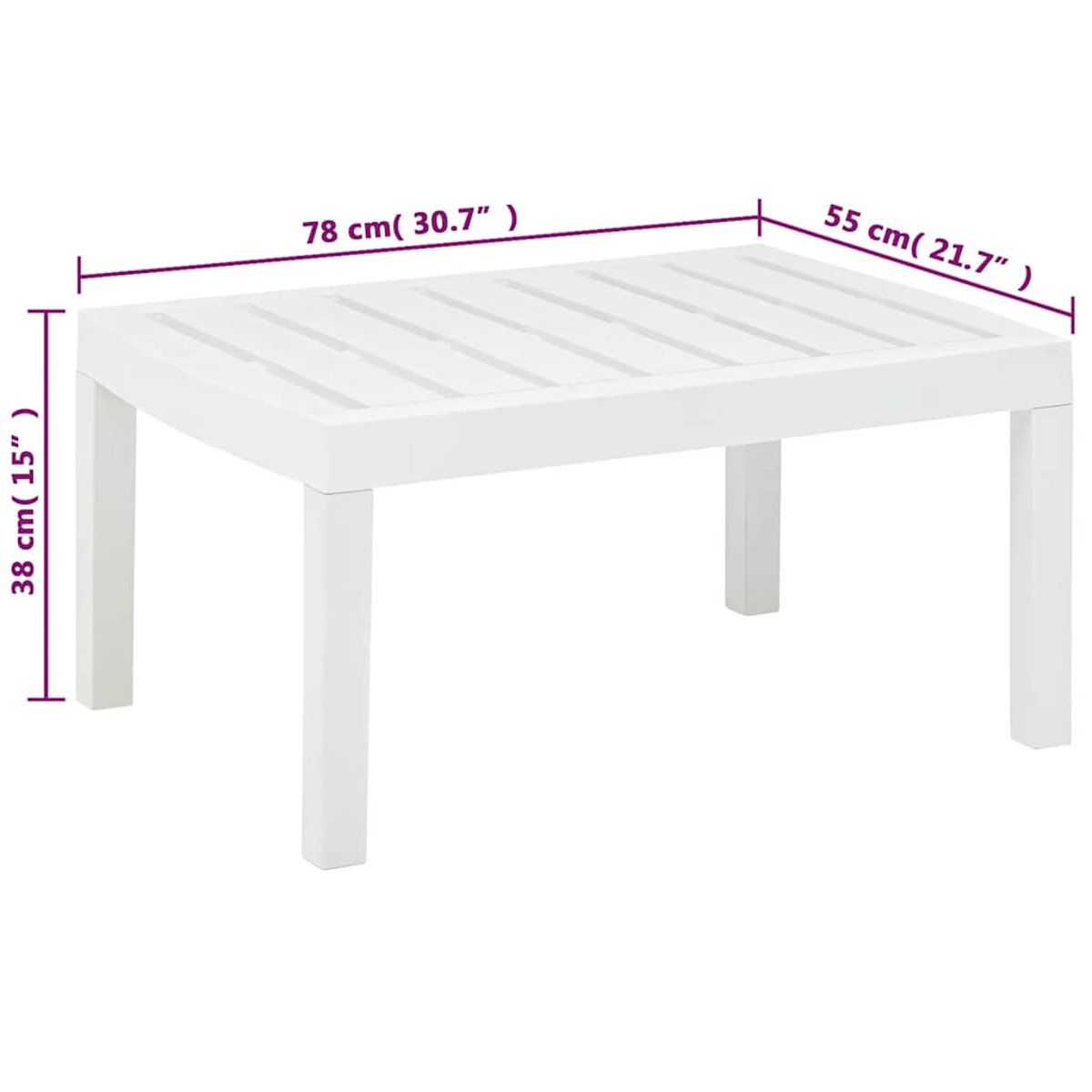Ein weißer rechteckiger Tisch mit Lattenrost ist abgebildet. Abmessungen: 78 cm x 55 cm x 38 cm. Der Hintergrund ist weiß.