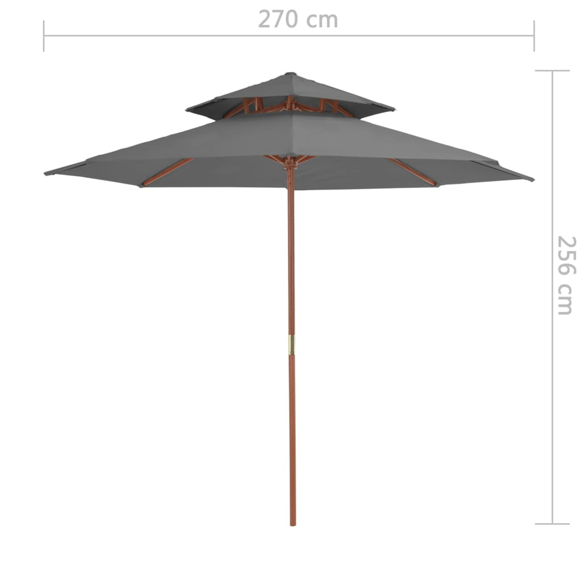 Ein grauer, zweistufiger Sonnenschirm mit Holzstiel ist 270 cm breit und 256 cm hoch. Auf weißem Hintergrund.