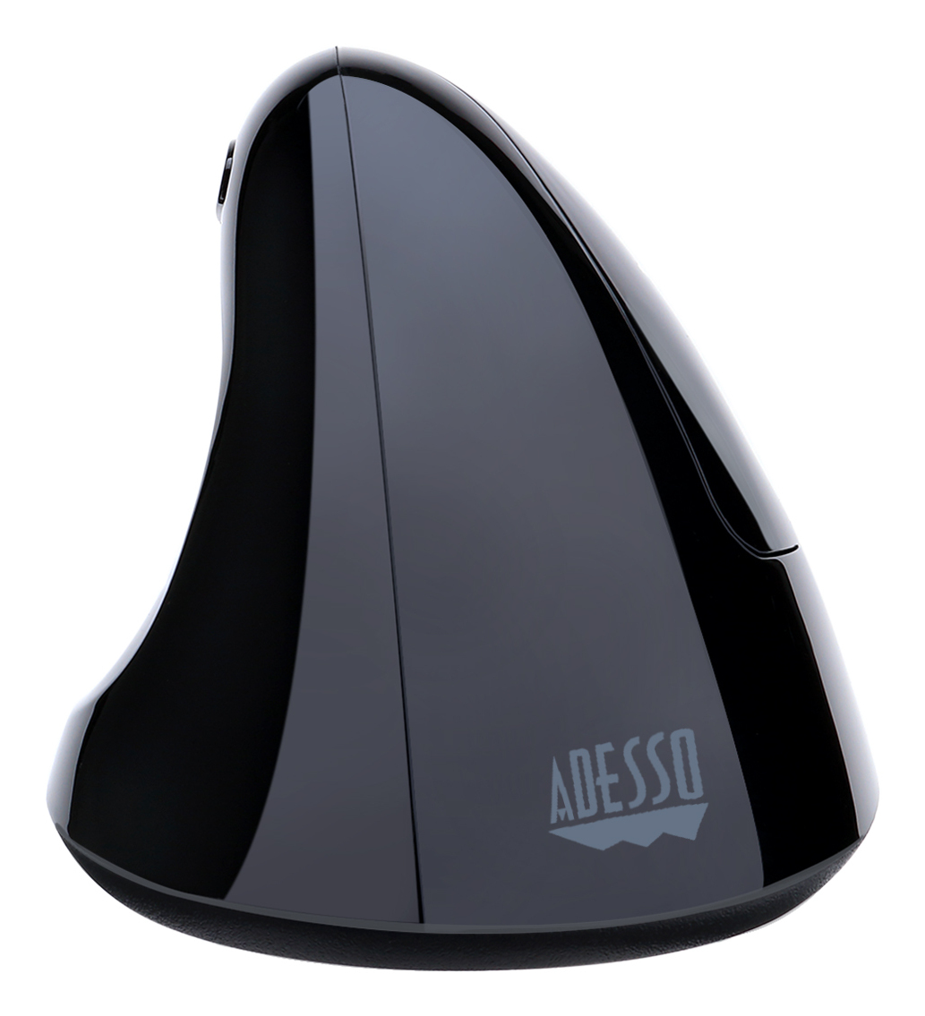Een zwarte ergonomische computermuis met de merknaam "ADESSO" op een witte achtergrond. De muis heeft een verticaal ontwerp.