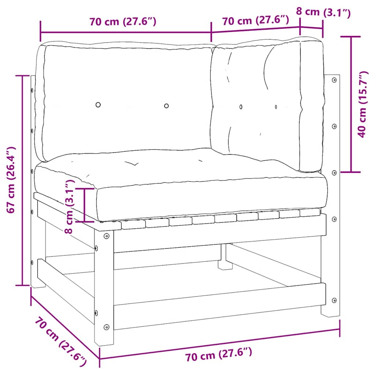 Ein weißes Ecksofa mit in cm und Zoll angegebenen Abmessungen. Es hat eine Sitzfläche, eine Rückenlehne und einen Holzrahmen.