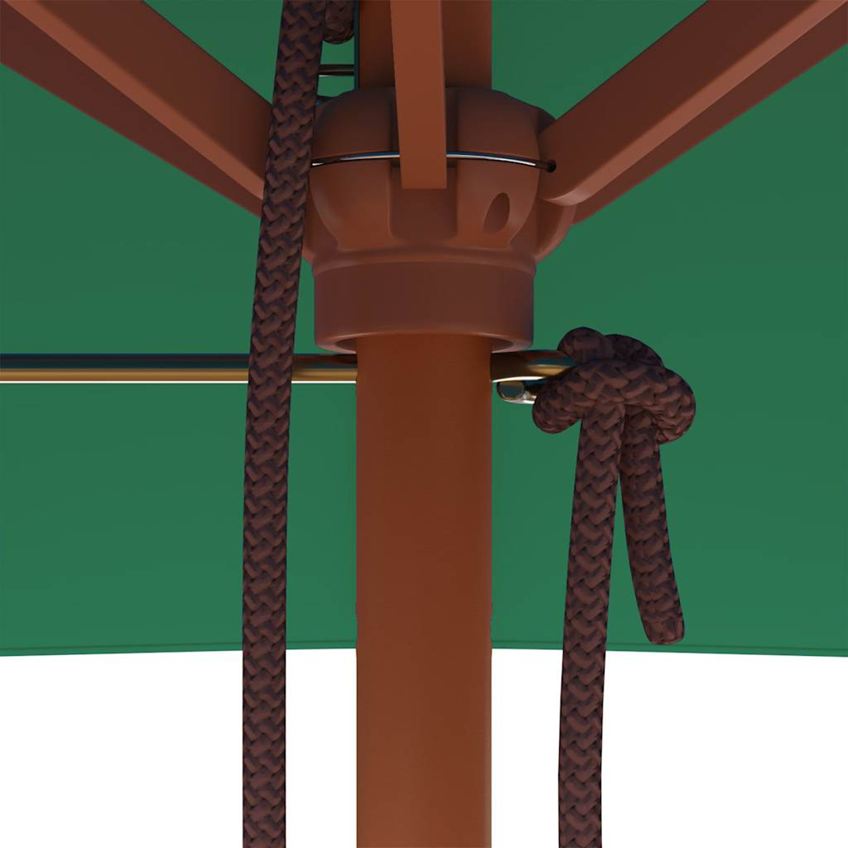 Nahaufnahme einer braunen Schirmkonstruktion. Enthält eine Mittelsäule, Stützbalken und ein geknotetes Seil. Grüner Stoff im Hintergrund.
