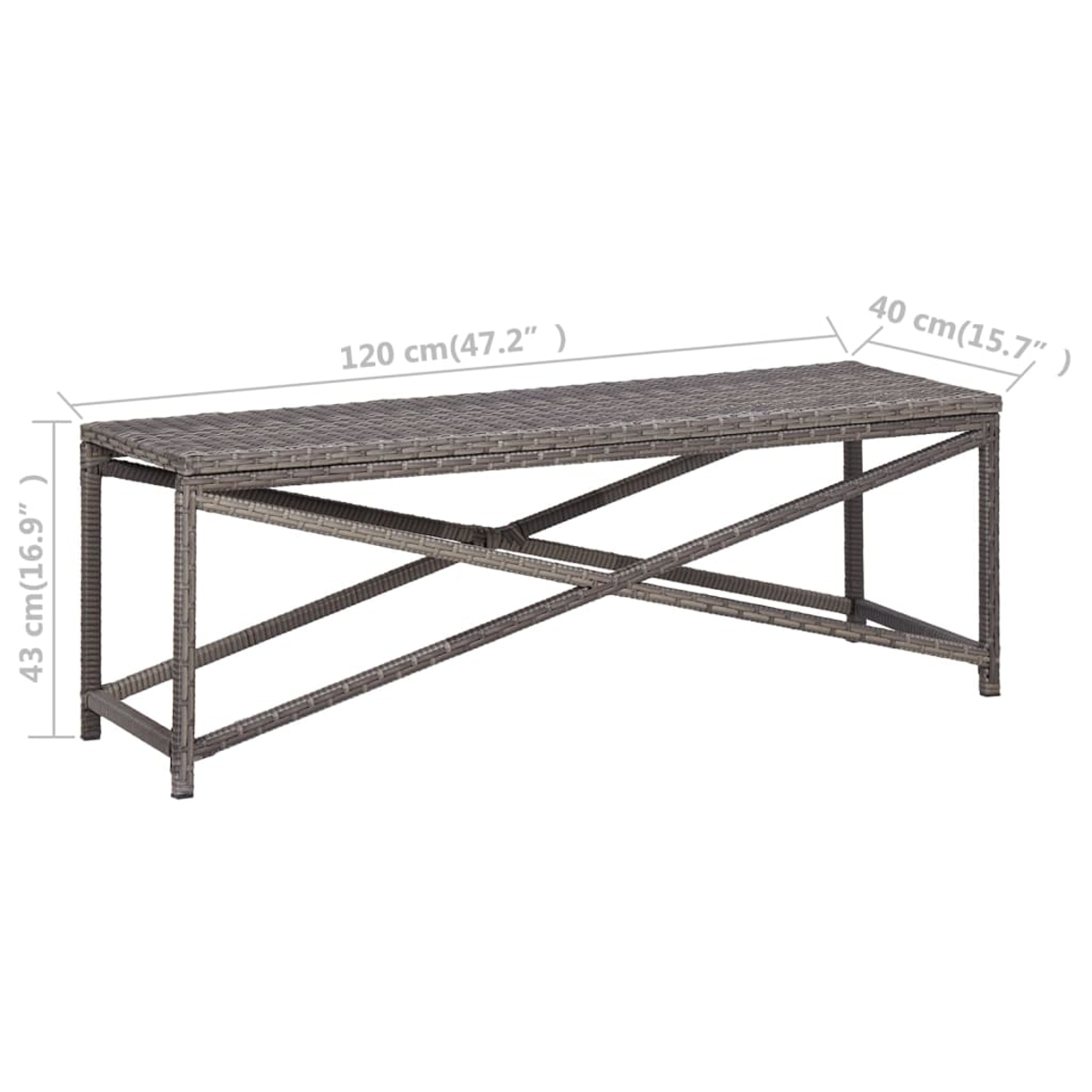 Eine graue Rattanbank mit den angegebenen Abmessungen: 120 cm lang, 40 cm breit und 43 cm hoch. Die Bank hat ein Metallgestell.