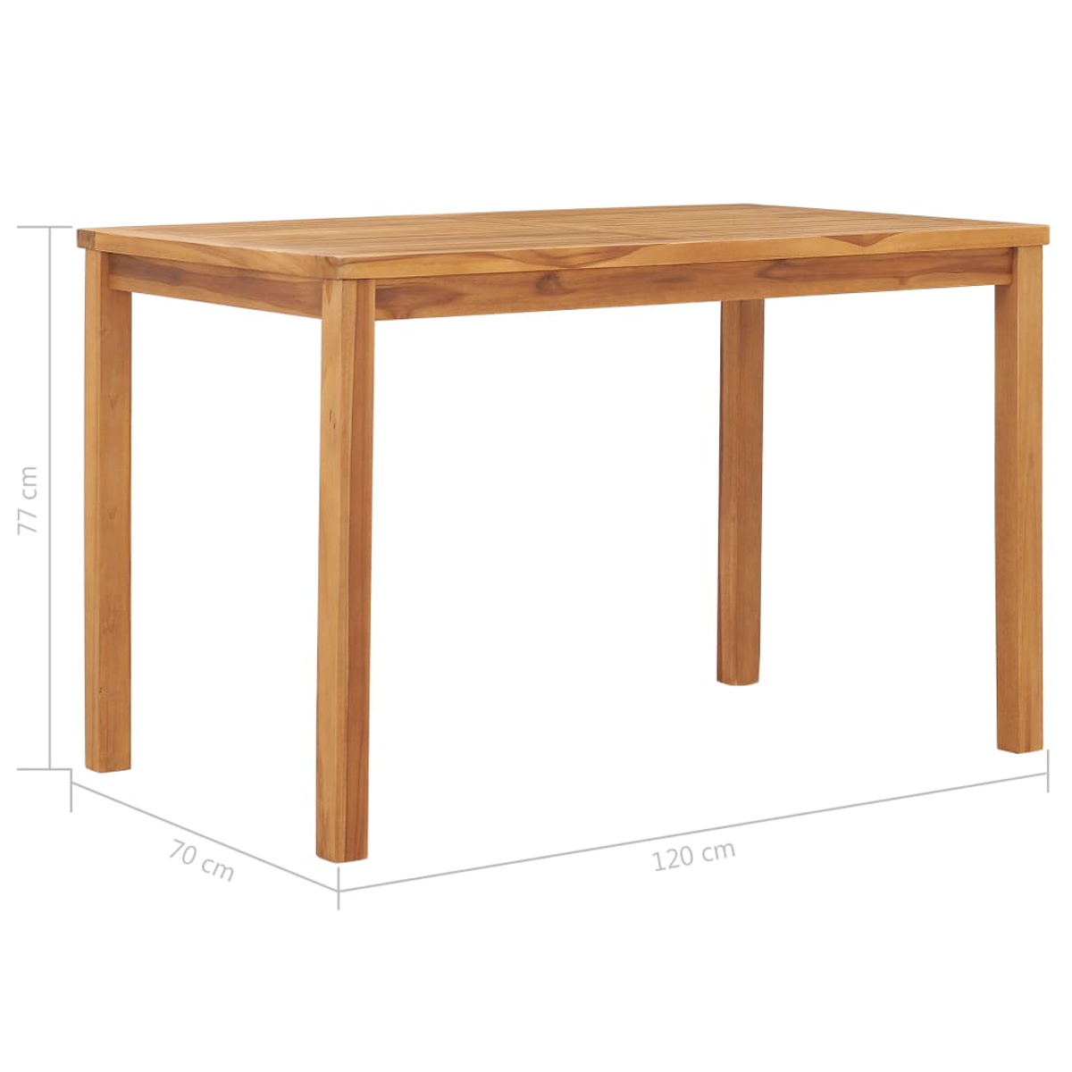 Ein rechteckiger Holztisch mit vier Beinen. Abmessungen sind angegeben: 120 cm lang, 70 cm breit und 77 cm hoch. Hellbraune Farbe.