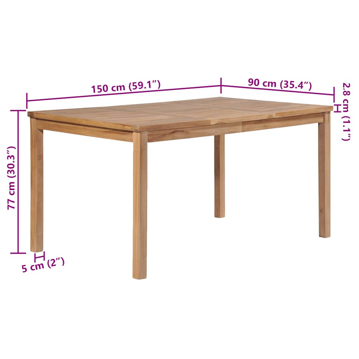 Holztisch mit den Maßen: 150cm x 90cm x 77cm. Die Maße sind auf dem Bild beschriftet. Der Tisch ist hellbraun.