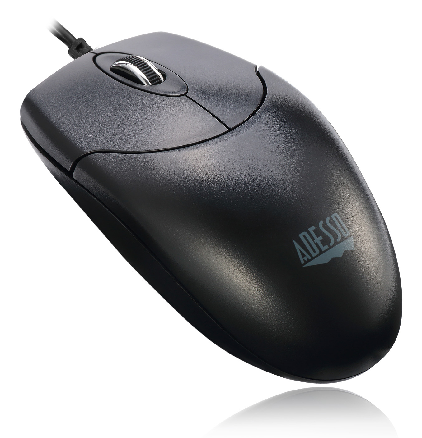 Un mouse per computer nero con rotella di scorrimento e cavo. Il marchio 'ADESSO' è stampato sul mouse.