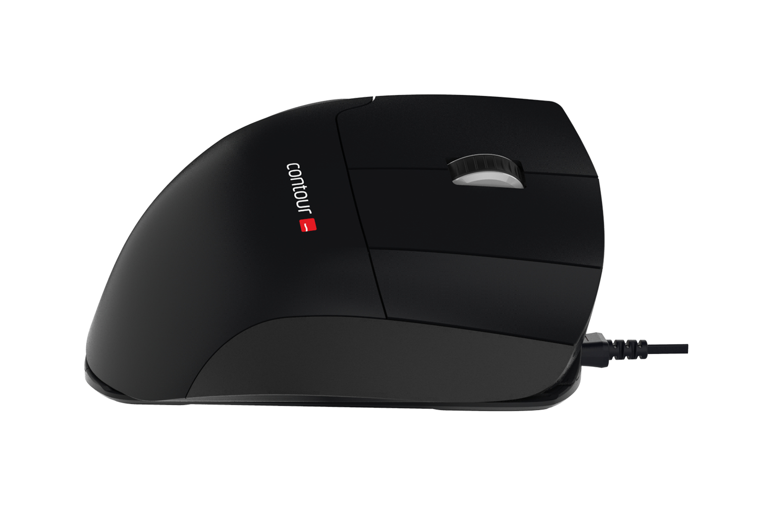 Un mouse ergonomico nero. Ha una rotella di scorrimento e un cavo. Il marchio 'contour' è visibile.
