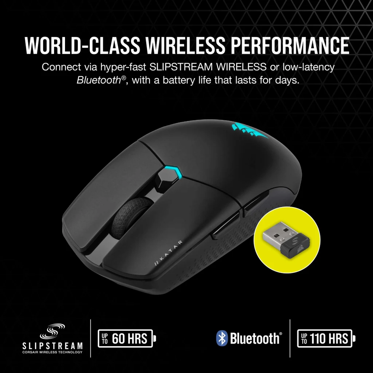 Een zwarte draadloze muis met een USB-ontvanger, tekst vermeldt Slipstream wireless en Bluetooth. Tot 60 en 110 uur batterijduur.