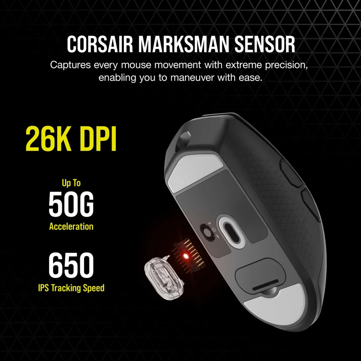 Een zwarte en grijze Corsair muis met tekstoverlay. Het heeft 26K DPI, 50G versnelling en 650 IPS tracking snelheid.