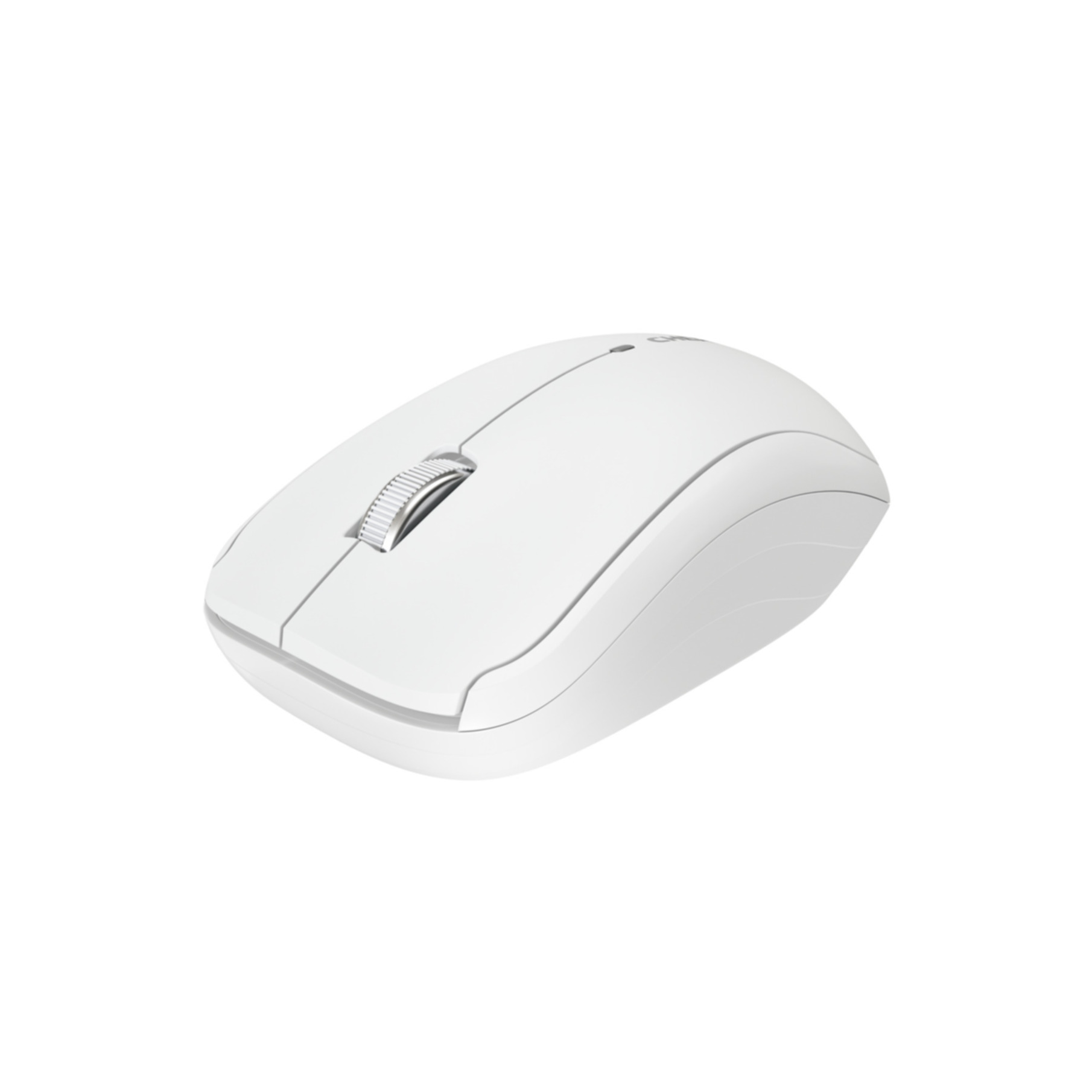 Een witte draadloze computermuis met een scrollwiel, op een witte achtergrond.