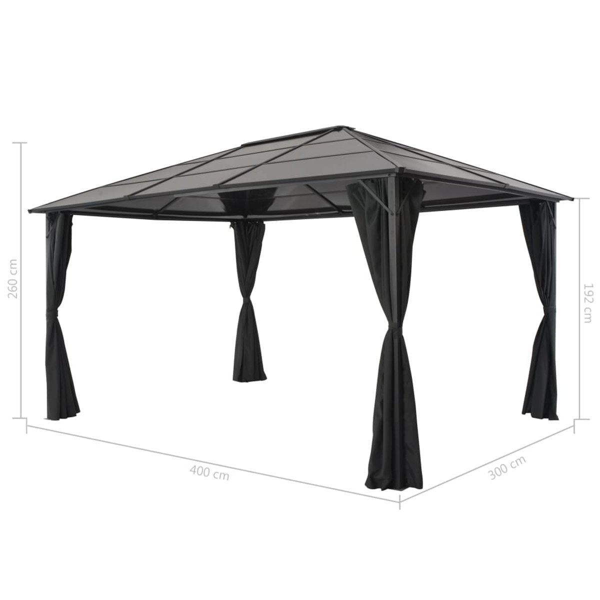 Ein schwarzer Pavillon mit Vorhängen. Die Abmessungen sind angegeben: 400 cm, 300 cm, 260 cm und 192 cm. Die Szene ist vor weißem Hintergrund.