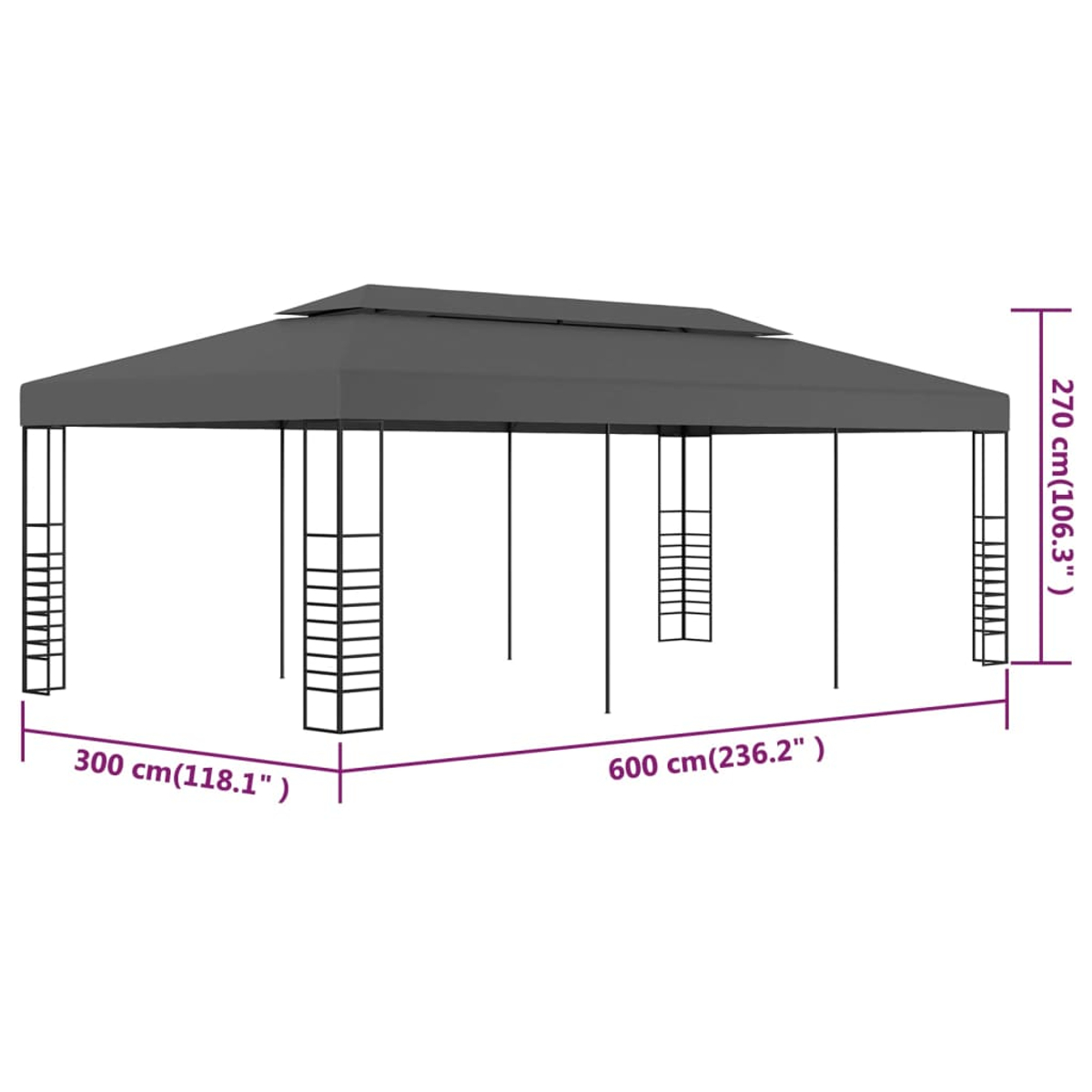 Ein grauer rechteckiger Pavillon mit Zentimetermaßen. Er hat ein doppellagiges Dach und mehrere Stützpfeiler.