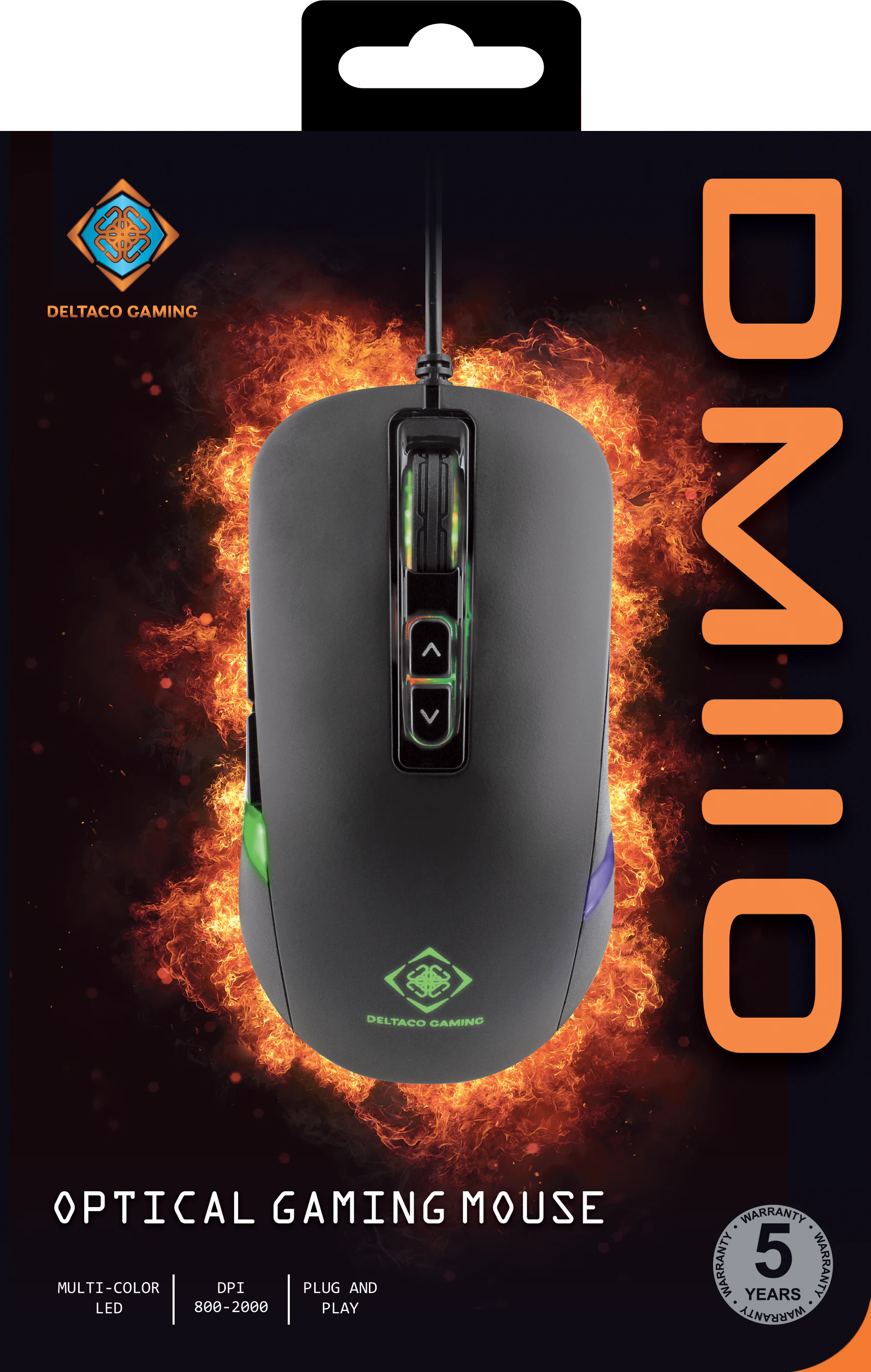 Gaming-Maus auf feurigem Hintergrund. Sie hat ein Logo, Tasten und den Namen DM110. Es heißt optische Gaming-Maus.