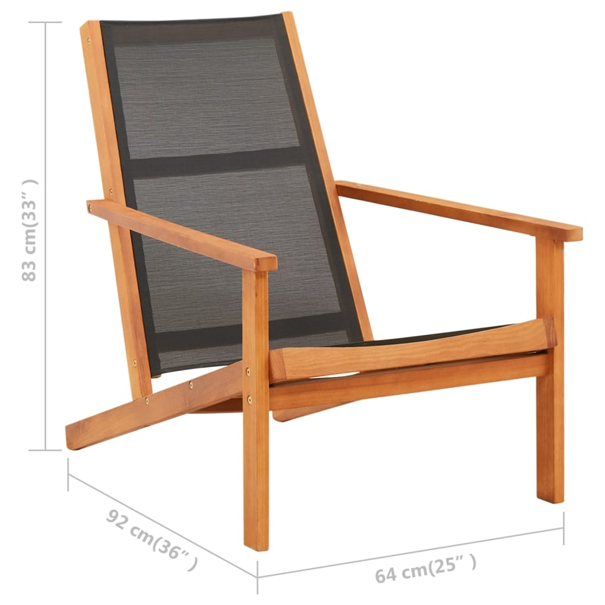 Holz-Gartenstuhl mit schwarzer Netzrückenlehne und Sitzfläche. Maße sind mit 83 cm (33"), 92 cm (36") und 64 cm (25") angegeben.