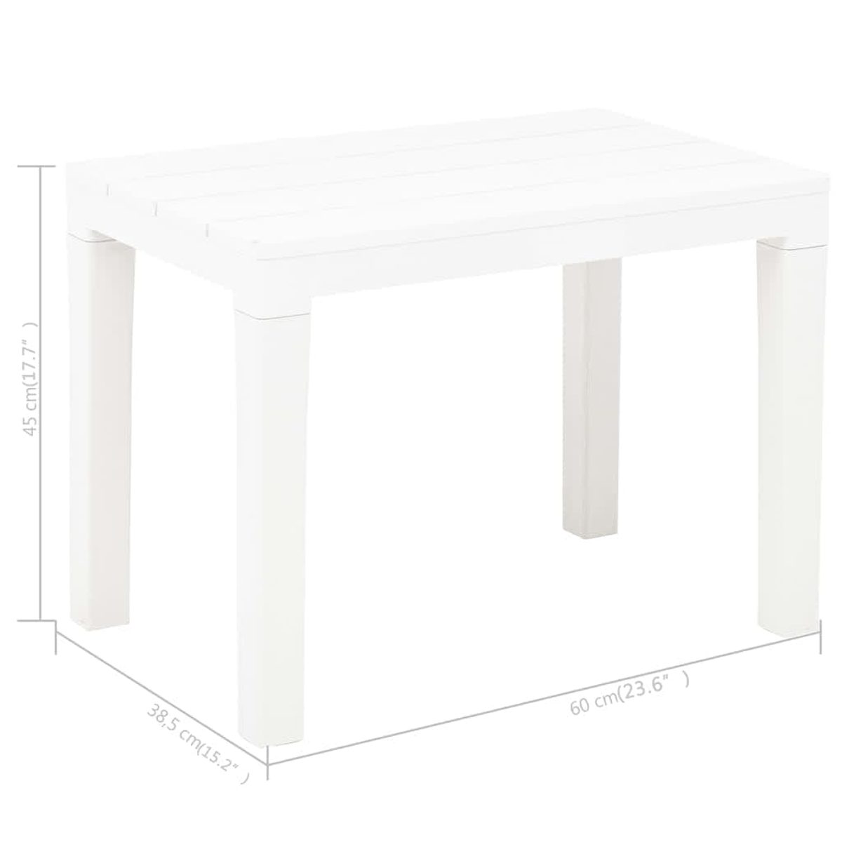 Ein kleiner, quadratischer weißer Tisch mit vier Beinen. Die Abmessungen sind mit 45 cm Höhe, 38,5 cm Breite und 60 cm Länge angegeben.
