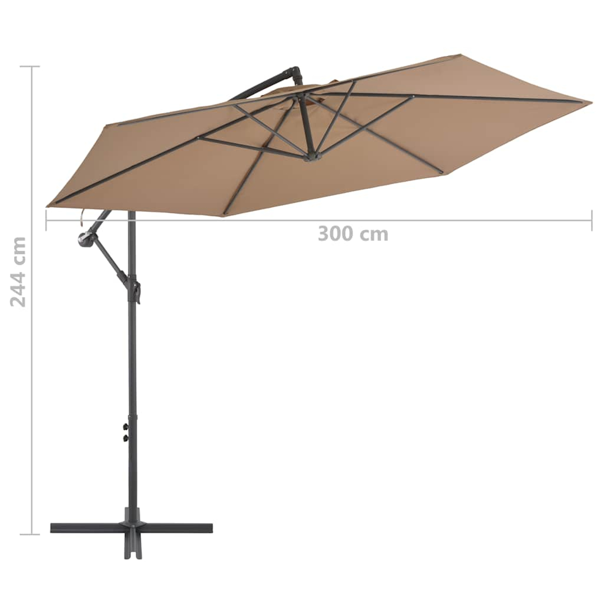Ein beiger rechteckiger Auslegerschirm, der von einer schwarzen Stange und einem schwarzen Sockel getragen wird, vor weißem Hintergrund. Maße: 300 cm breit, 244 cm hoch.