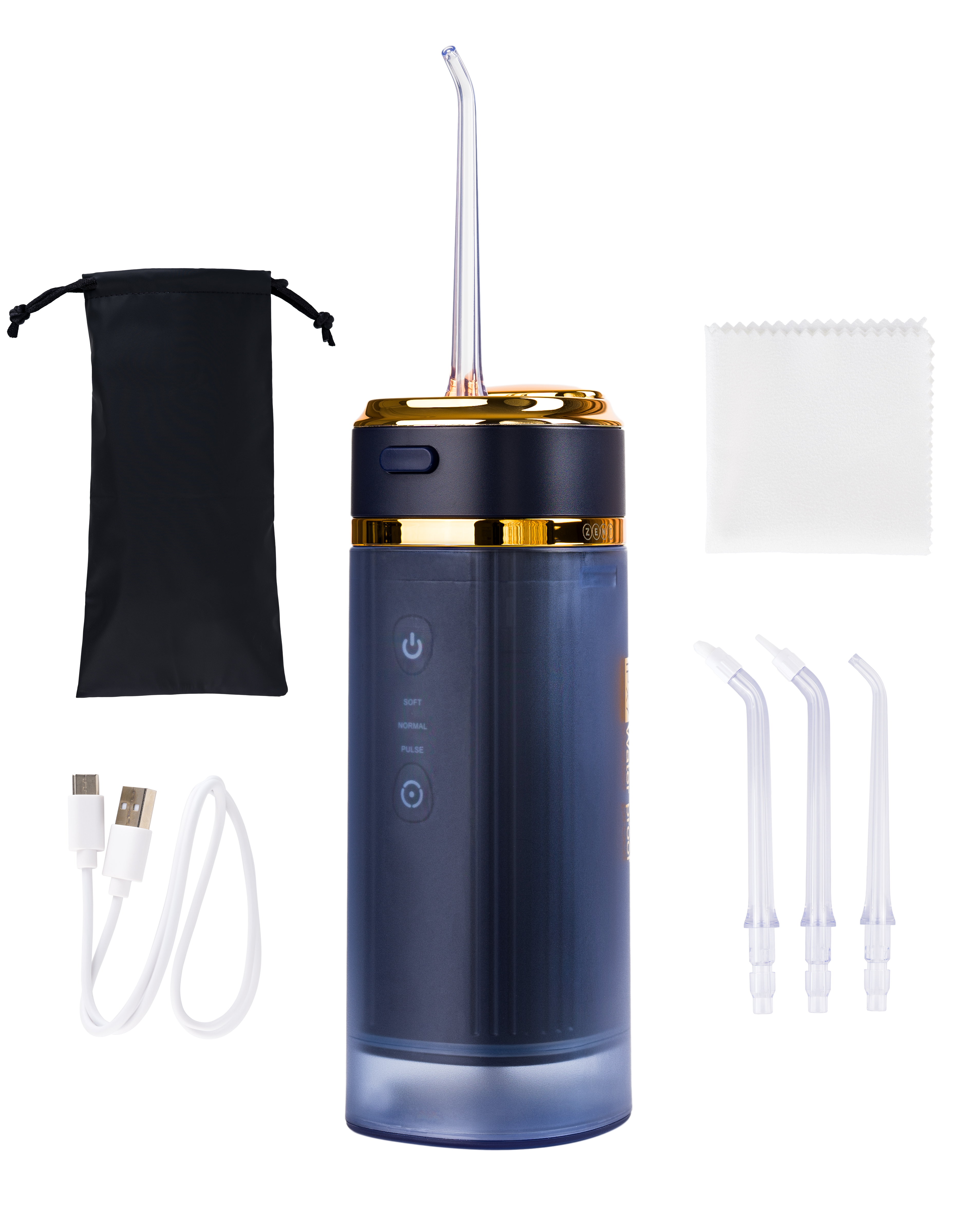 Zestaw irygatora do jamy ustnej. Zawiera czarny woreczek, białą szmatkę, kabel USB i trzy końcówki.