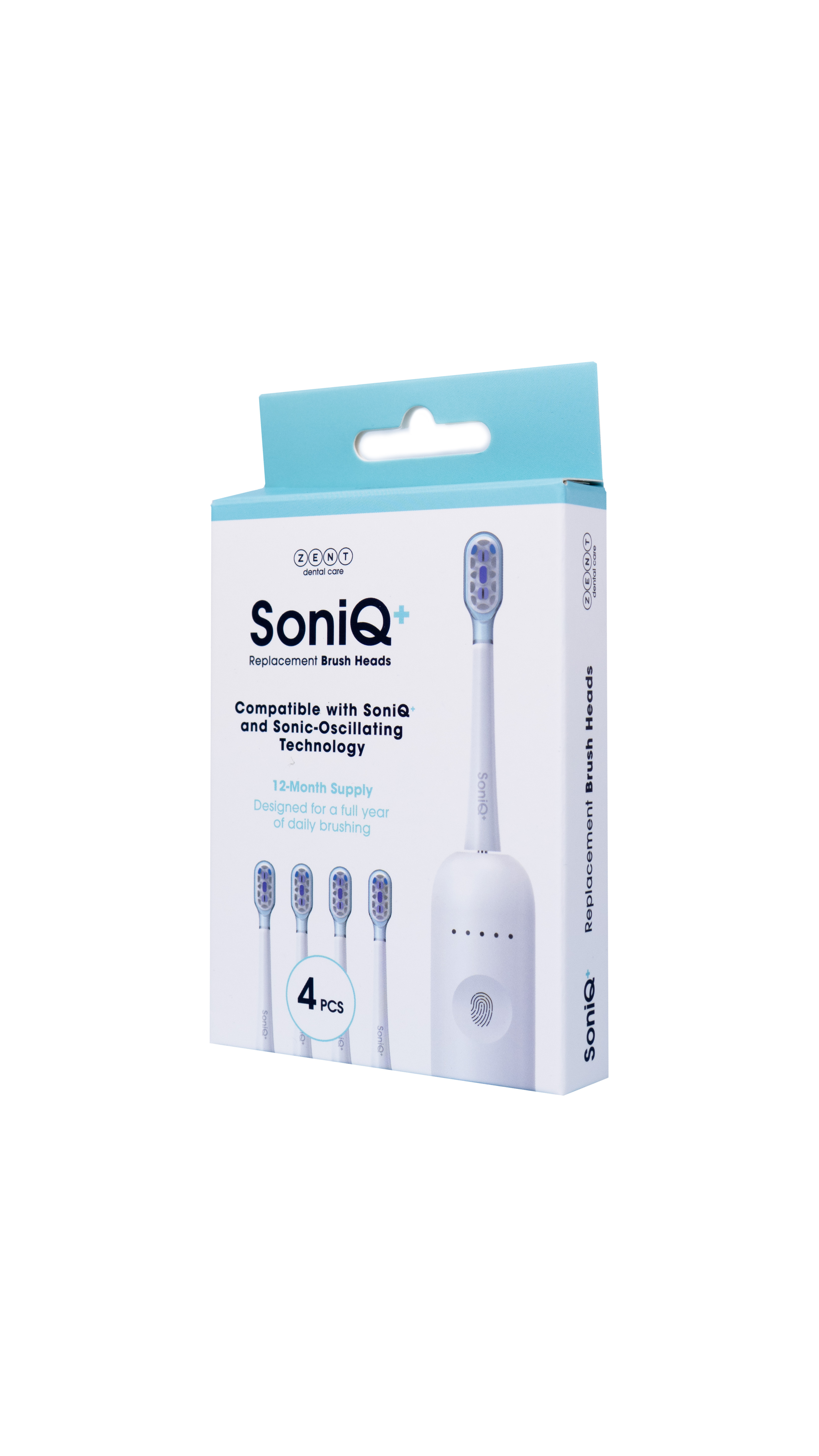 Pudełko z wymiennymi końcówkami szczoteczki SoniQ+. Zawiera cztery końcówki. Pudełko jest białe z niebieskimi akcentami i tekstem.