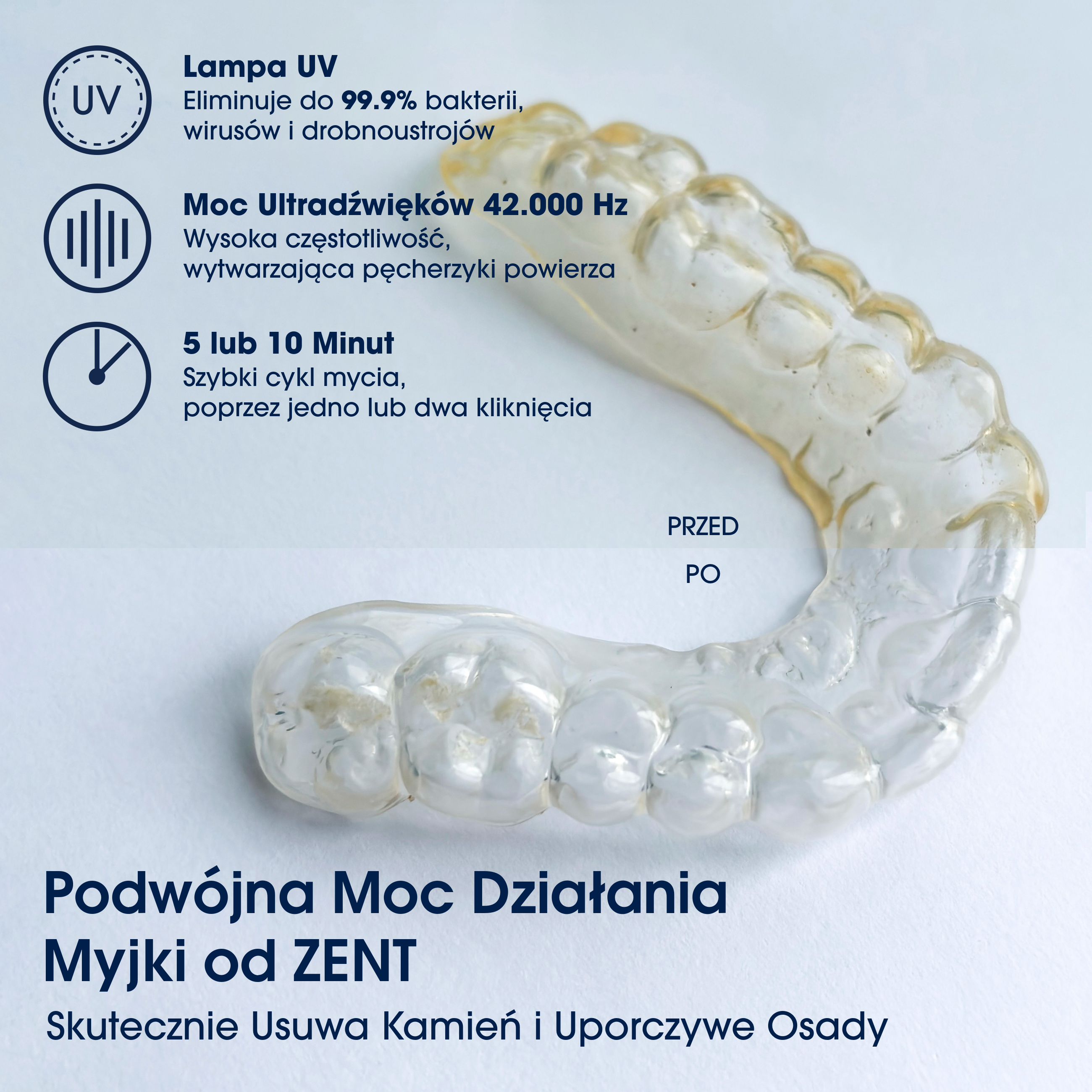 Obraz przedstawia przezroczysty aparat ortodontyczny. Tekst opisuje lampę UV, moc ultradźwiękową i cykle czyszczenia.