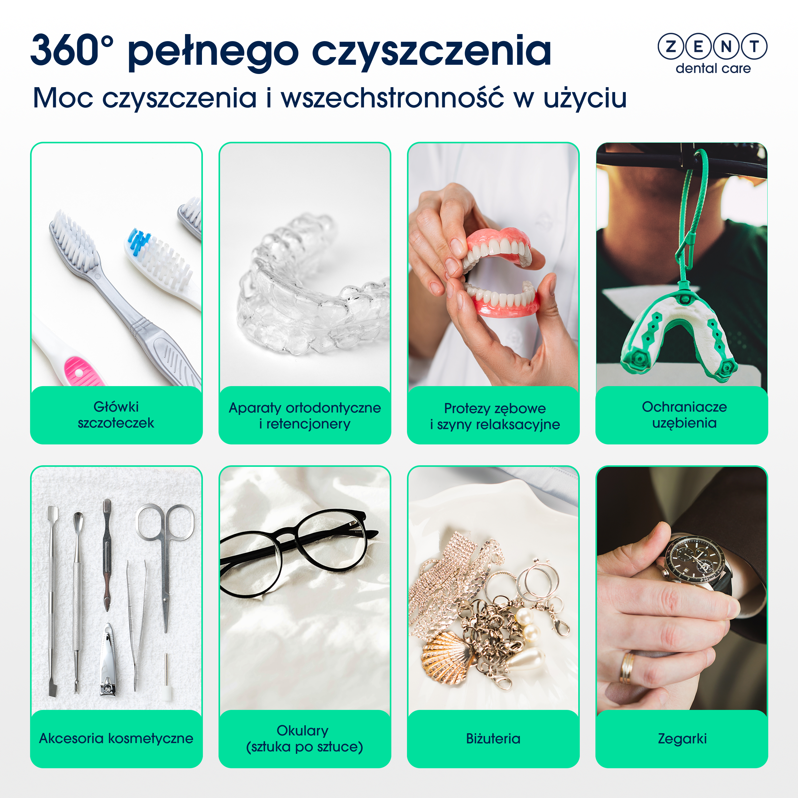 Obraz przedstawia szczoteczki do zębów, ortodoncję, protezy, ochraniacze na zęby, akcesoria kosmetyczne, okulary, biżuterię i zegarek.