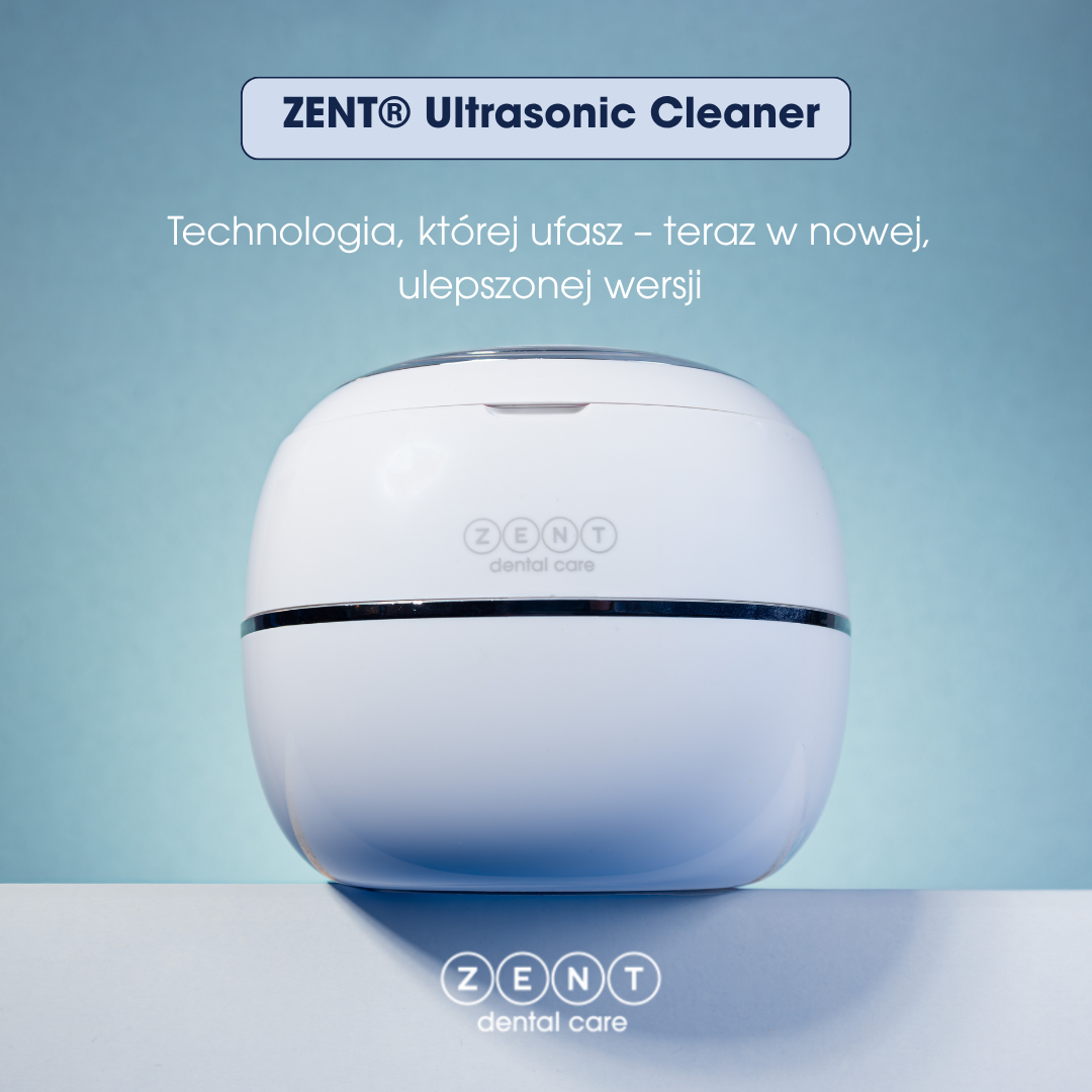 Biały czyścik ultradźwiękowy ZENT na niebieskim tle. Tekst: 'ZENT Ultrasonic Cleaner'.