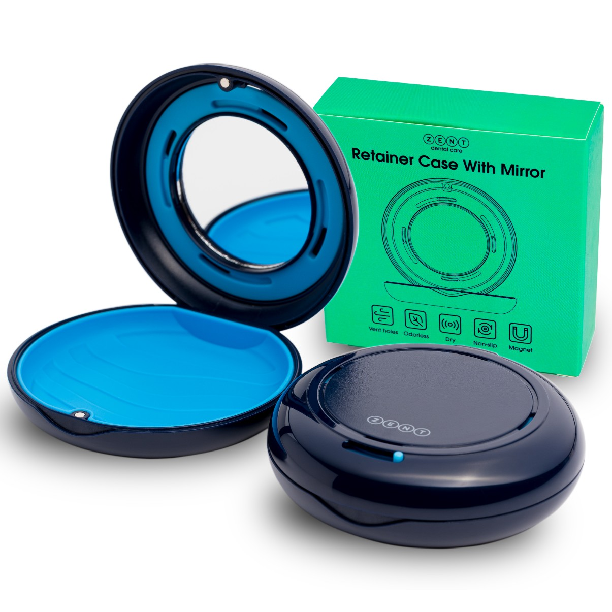 Niebieskie etui na aparat ortodontyczny z lusterkiem i zielone pudełko z napisem 'Retainer Case With Mirror' na białej powierzchni.