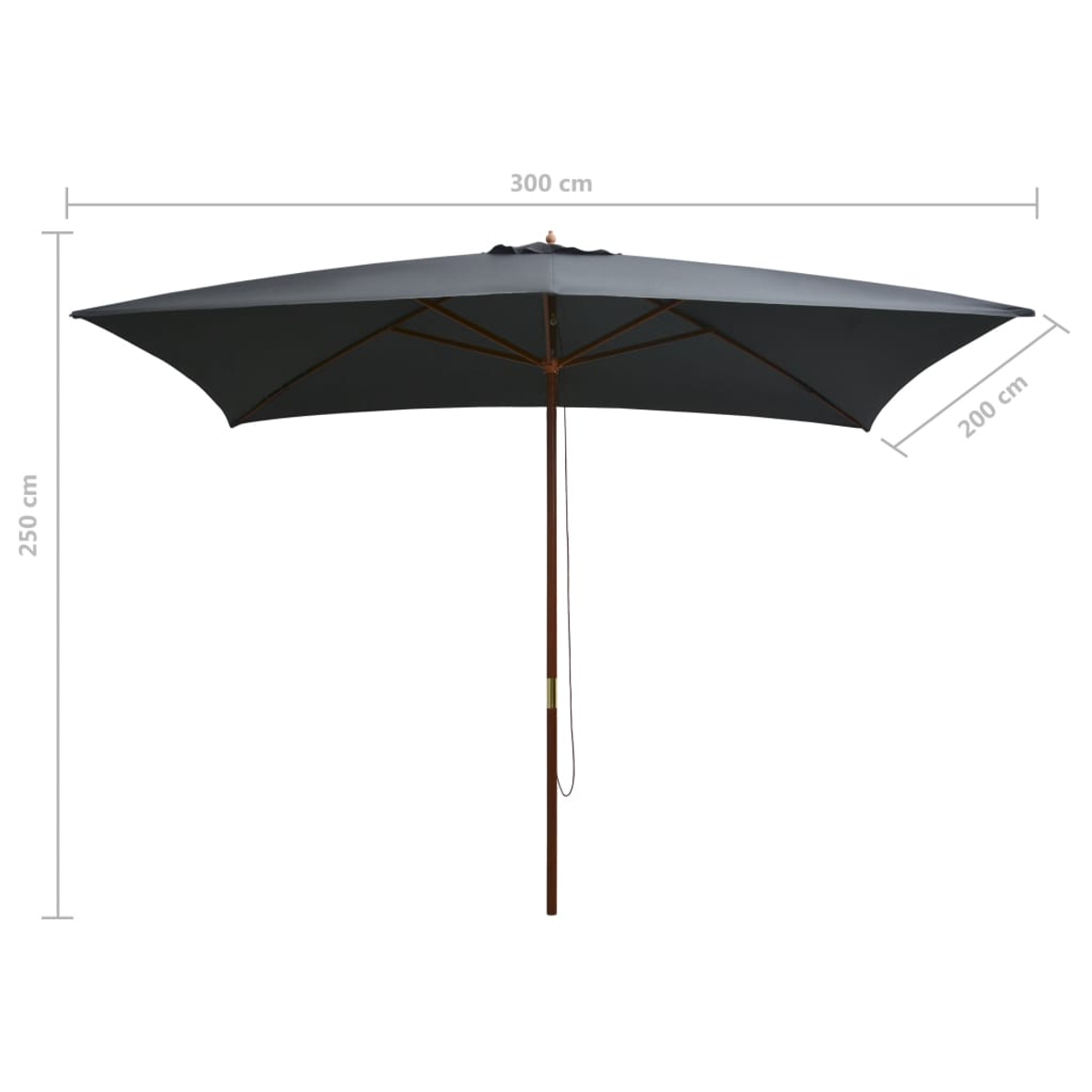 Ein großer, grauer rechteckiger Sonnenschirm mit Holzpfahl. Maße: 300 cm breit, 200 cm tief und 250 cm hoch.