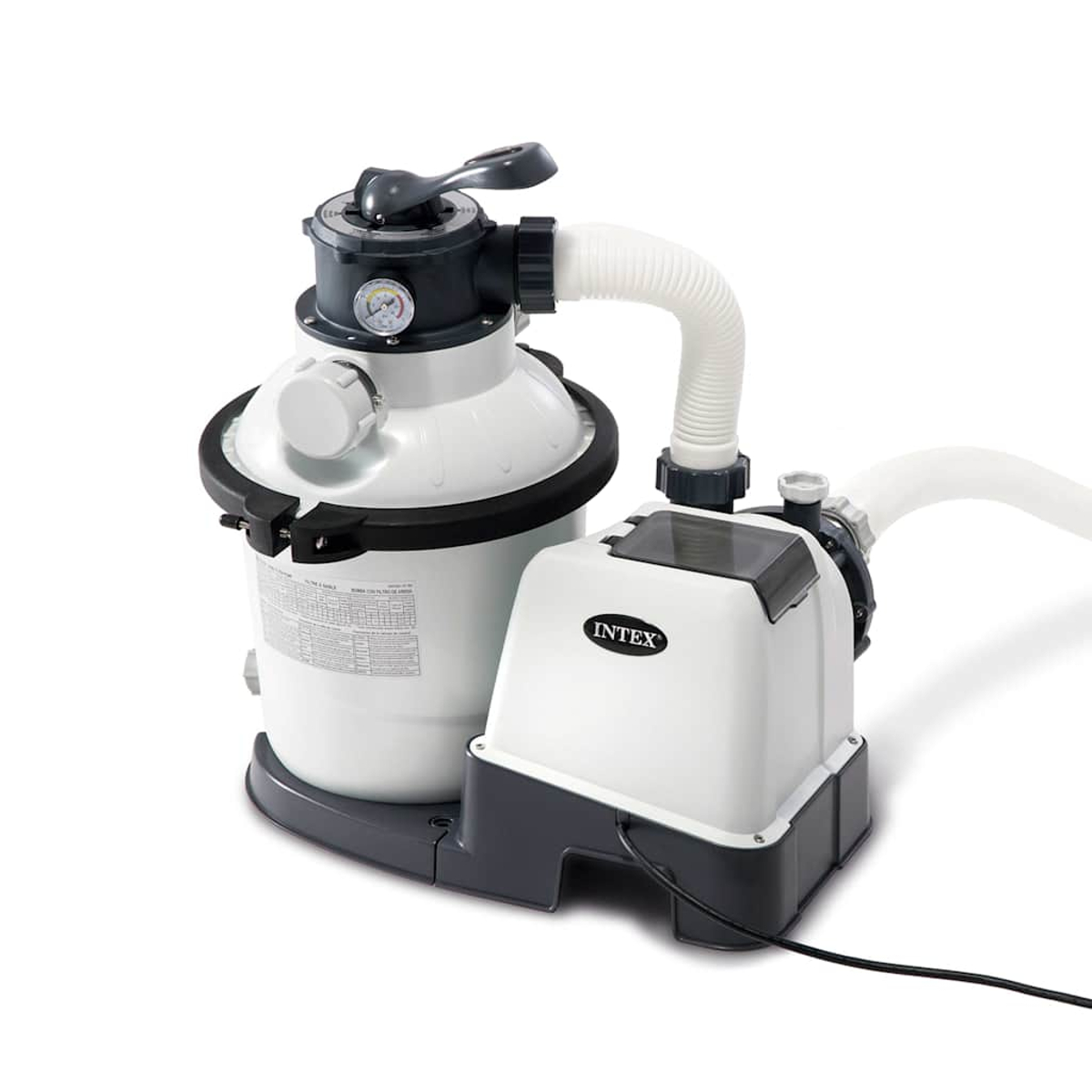 Weiß-graue Intex-Poolfilteranlage. Mit Sandfilter, Pumpe und Schläuchen. Enthält ein Manometer und einen schwarzen Griff.