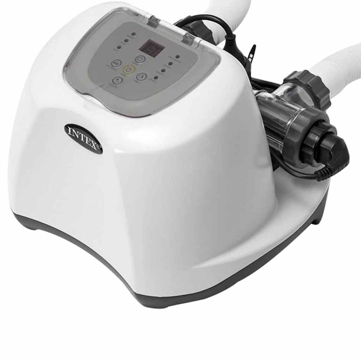 Ein weißes Intex-Spa-Heizgerät mit Bedienfeld und zwei weißen Schläuchen. Es hat einen schwarzen Sockel und Akzente. Der Markenname ist sichtbar.