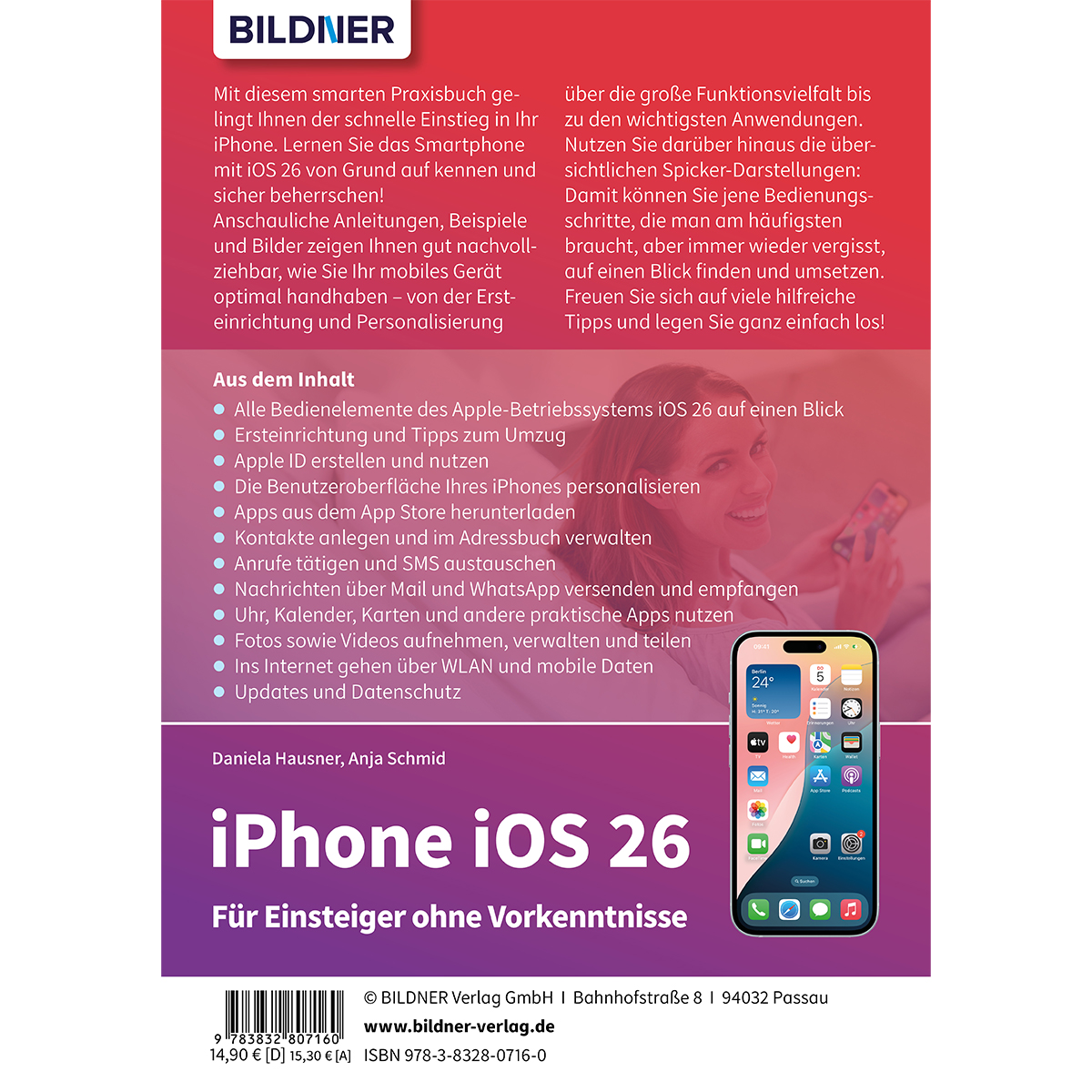 Buchcover mit dem Titel 'iPhone iOS 26'. Zeigt eine Frau, die ein iPhone hält, mit Text über die Funktionen des Telefons.