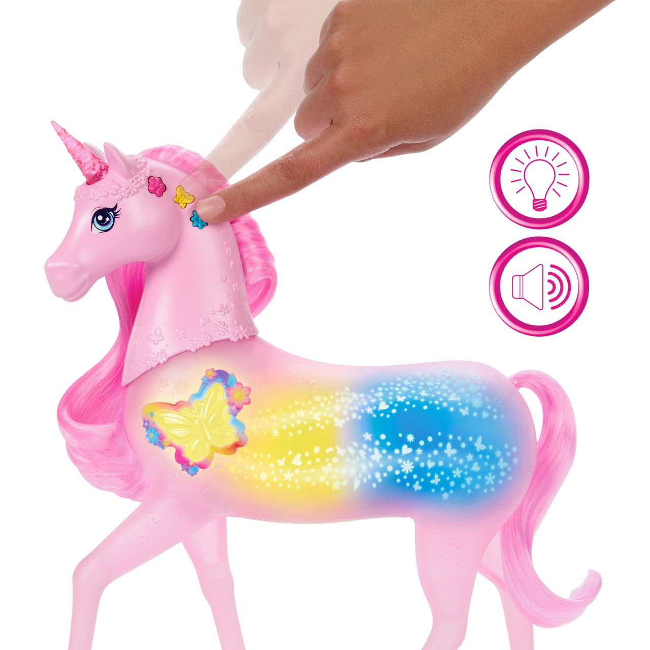 Ein rosa Einhorn-Spielzeug, auf dessen Kopf eine Hand zeigt. Es hat ein Horn, rosa Haare und einen leuchtenden Körper. Es gibt Licht- und Tonsymbole.