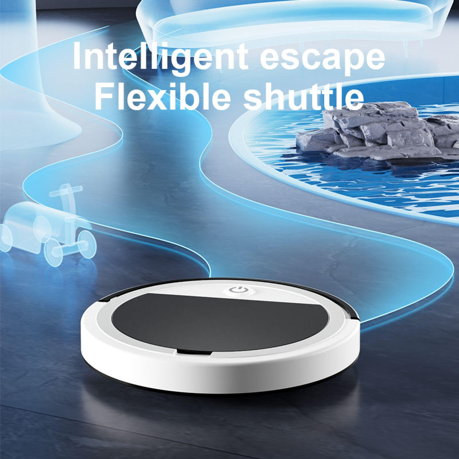 Ein weiß-schwarzer Roboter-Staubsauger auf dunklem Boden. Der Text lautet 'Intelligente Flucht Flexibler Shuttle'.