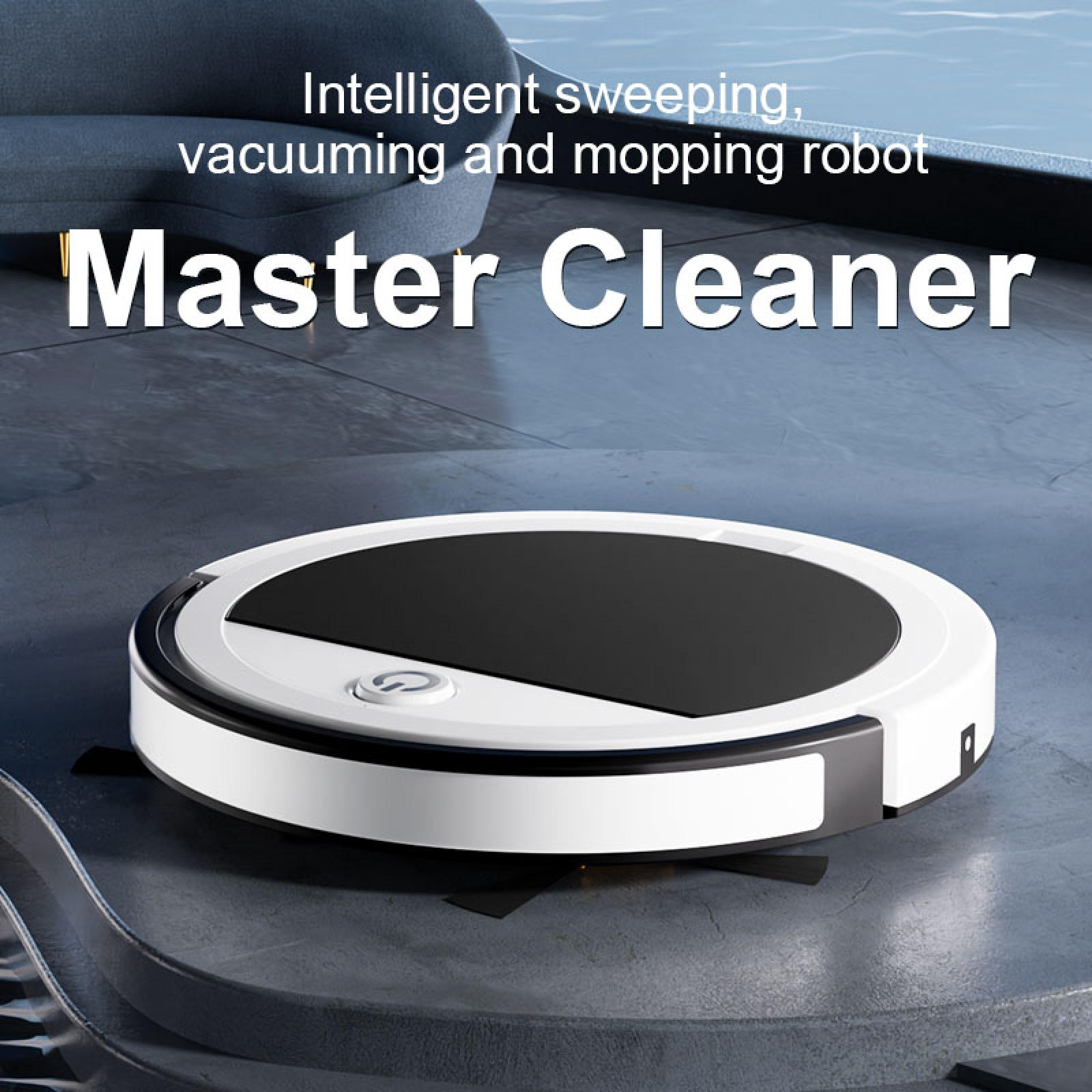 Ein Roboter-Staubsauger auf grauem Boden. Er hat einen weißen Körper mit schwarzem Zentrum und einem Power-Knopf.