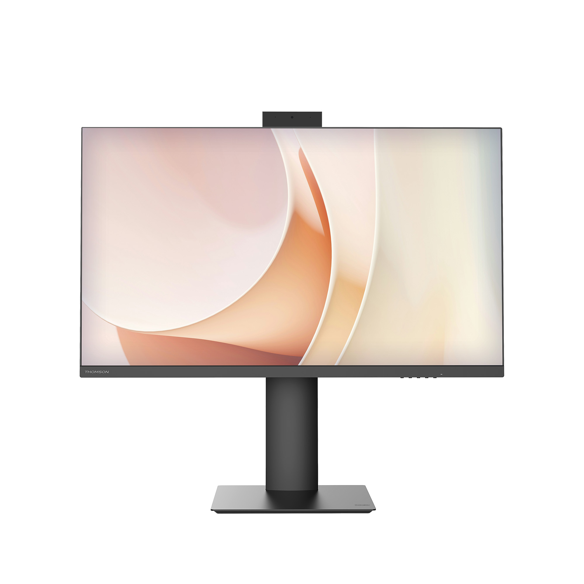 Un monitor Thomson negro con webcam integrada. La pantalla muestra un diseño abstracto de color claro. El monitor está sobre un soporte negro.