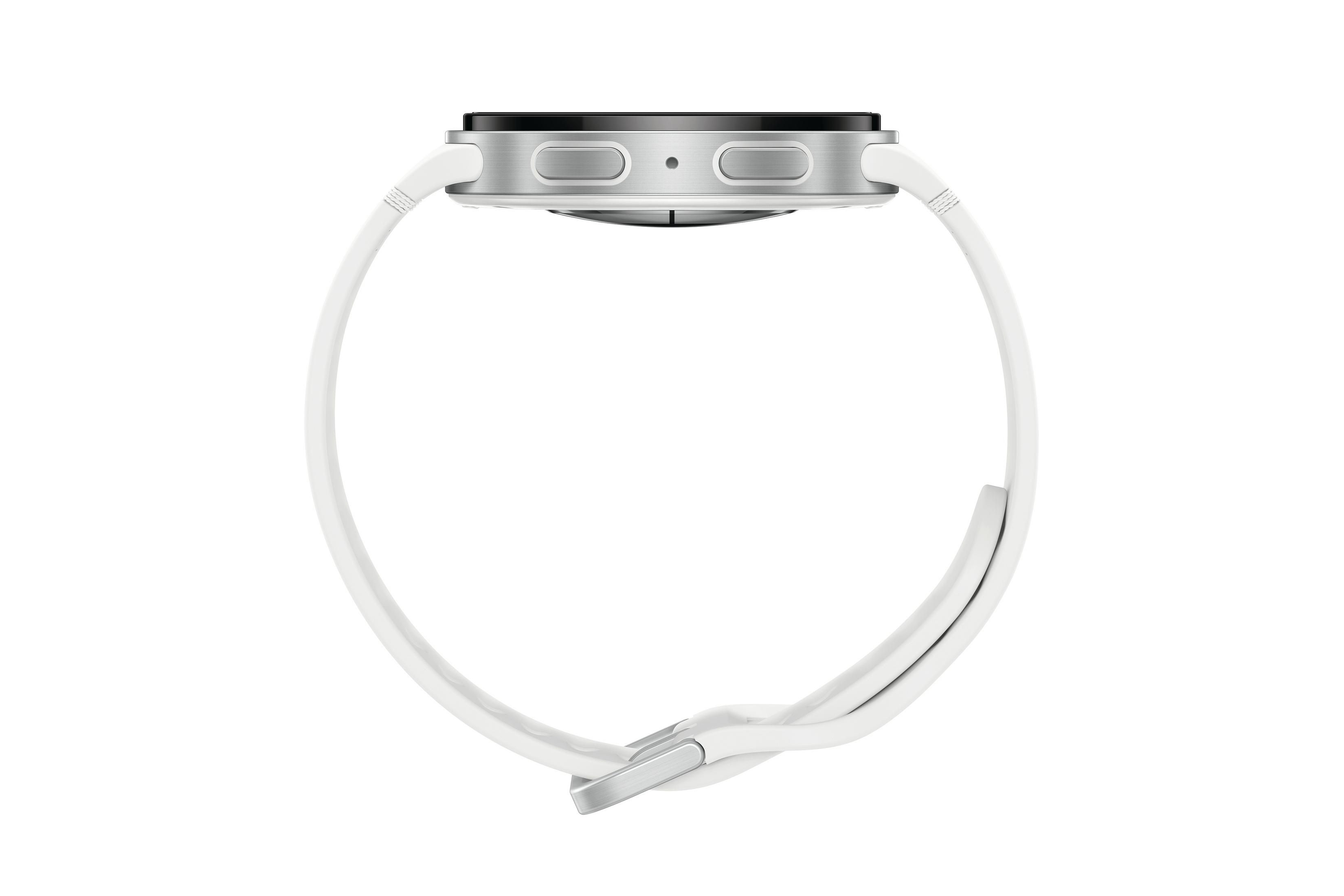Biały smartwatch z białym paskiem pokazany z boku. Zegarek ma dwa przyciski i klamrę.